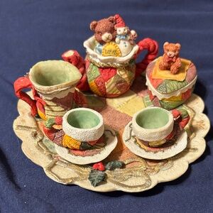 Colorful Patchwork Tea Set with Bear Figurines